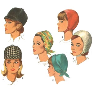 May include: A vintage illustration of six different styles of women's hats. The hats are shown on women's heads, with the women's faces visible. The hats are all different colors and styles, including a black beret, a houndstooth cap, a floral print scarf, a turquoise scarf, a red cloche hat, and a white cloche hat.