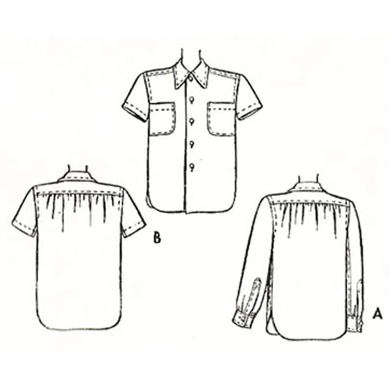 May include: A line drawing of three shirt patterns. The first shirt has long sleeves and a button-up front. The second shirt has short sleeves and a button-up front. The third shirt has short sleeves and a button-up front. The shirts are labeled A and B.