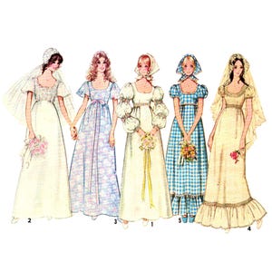 May include: Illustration of five vintage wedding dresses. The dresses feature different styles, such as empire waistlines, puff sleeves, and floral patterns. Each dress is accompanied by a veil or head covering, and some hold bouquets. The colour scheme includes white, blue, and yellow.