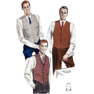 PDF - 1950s Men's Vest Sewing Pattern: Waistcoat with Adjustable Waist, Chest 38"(97cm) - Download