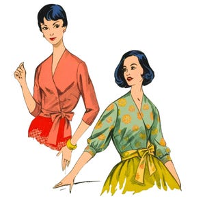 Vintage 1950s Pattern – Wrap over Blouse Top, Gathered or Straight Sleeves - Bust: 40” (101.6cm)