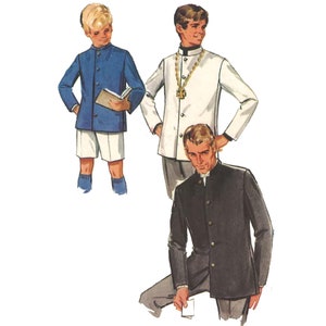 May include: Three figures wearing different styles of jackets. The figure on the left is a young boy wearing a blue jacket with white shorts and blue socks. The figure in the center is a young man wearing a white jacket with a gold chain and a cross pendant. The figure on the right is a man wearing a black jacket with a white collar.