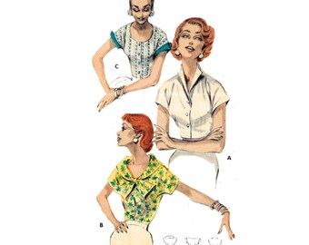 Vintage 1950s Pattern – Buttoned Front Blouse, Neckline Variations - Bust 34” (86.4cm)