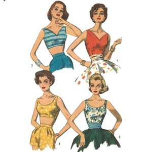 May include: Four illustrations of women wearing different sleeveless crop tops. The tops are in various colors and patterns, including striped, red, yellow, and floral. The women are wearing skirts or shorts.