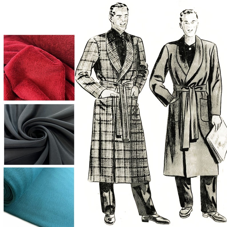 Three fabric swatches, one red, one black, and one teal. Two illustrations of men wearing robes, one with a plaid pattern and one with a solid color.