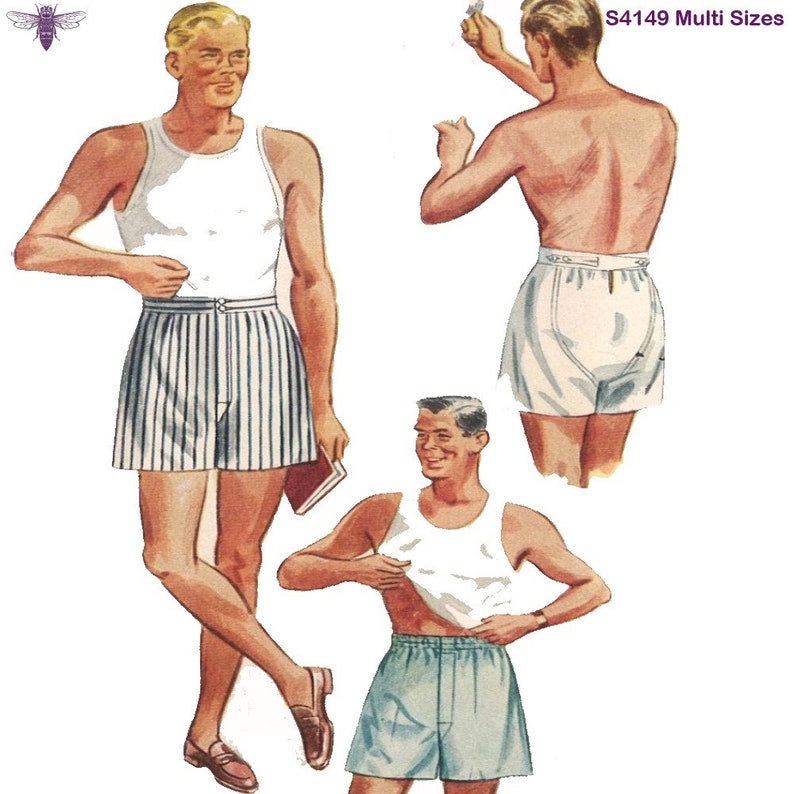 1940s Men’s Sleepwear, Pajamas, Slippers History     PDF - Vintage 1950s Sewing Pattern: Mens Boxer Shorts - Waist 28 (71cm) - Instantly Print at Home $8.29 AT vintagedancer.com