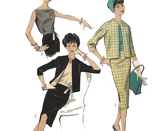 May include: Two women wearing different outfits. One woman is wearing a black and white dress with a black jacket and a white belt. The other woman is wearing a yellow and blue patterned dress with a matching jacket. Both women are wearing jewelry.