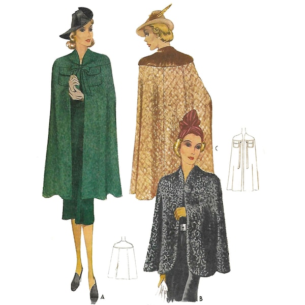 Vintage 1930s Pattern – Cape Coat - 3 Styles - Bust: 32” – 34” (81.3cm-86.4cm)