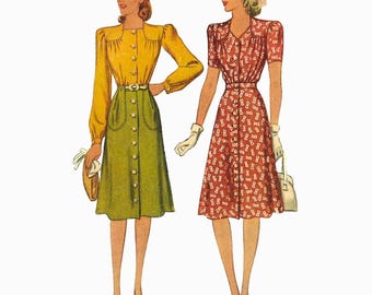 PDF - 1940s Two-Piece Sewing Pattern: Blouse & Skirt, Bust 33-43.5"(84cm - 110cm), Multi-Sized - Download