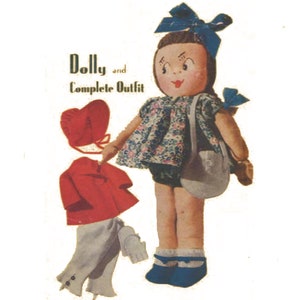 Puede incluir: Una ilustración vintage de una muñeca con un lazo azul en el pelo, vistiendo un vestido floral y llevando un bolso blanco. La muñeca sostiene una chaqueta roja, pantalones blancos y un sombrero rojo.