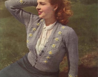 PDF - 1940's Tyrolean Knitting Pattern - Daisy Flower Cardigan - Bust 38” (96.6cm), 40” (101.6cm), 42” (106.7cm) - Instantly Print at Home