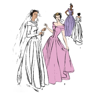 PDF - Patrón de costura vintage de los años 1940: vestido de novia real con hombros descubiertos, cola - Busto 34" (86,5 cm) - Descargar