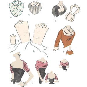 May include: A vintage illustration depicting various collar and neckline styles for women's clothing. The illustration features a range of styles, including a Peter Pan collar, a frilled collar, a scoop neckline, and a sweetheart neckline.