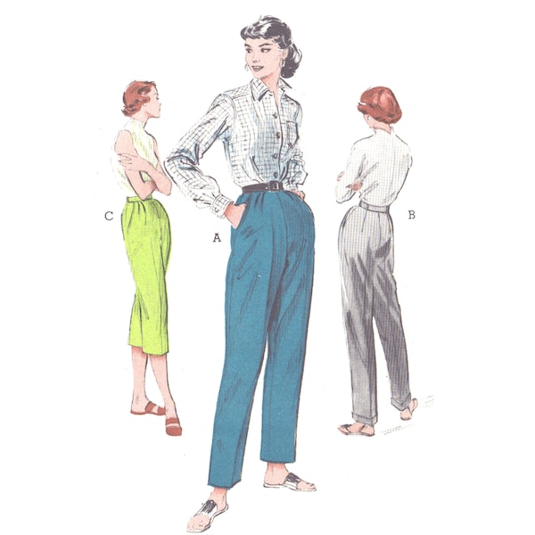 PDF - 1950's Pattern,  Pedal Pusher Trousers, Cigarette Pants - Waist 28" (71.7cm) - Instantly Print at Home