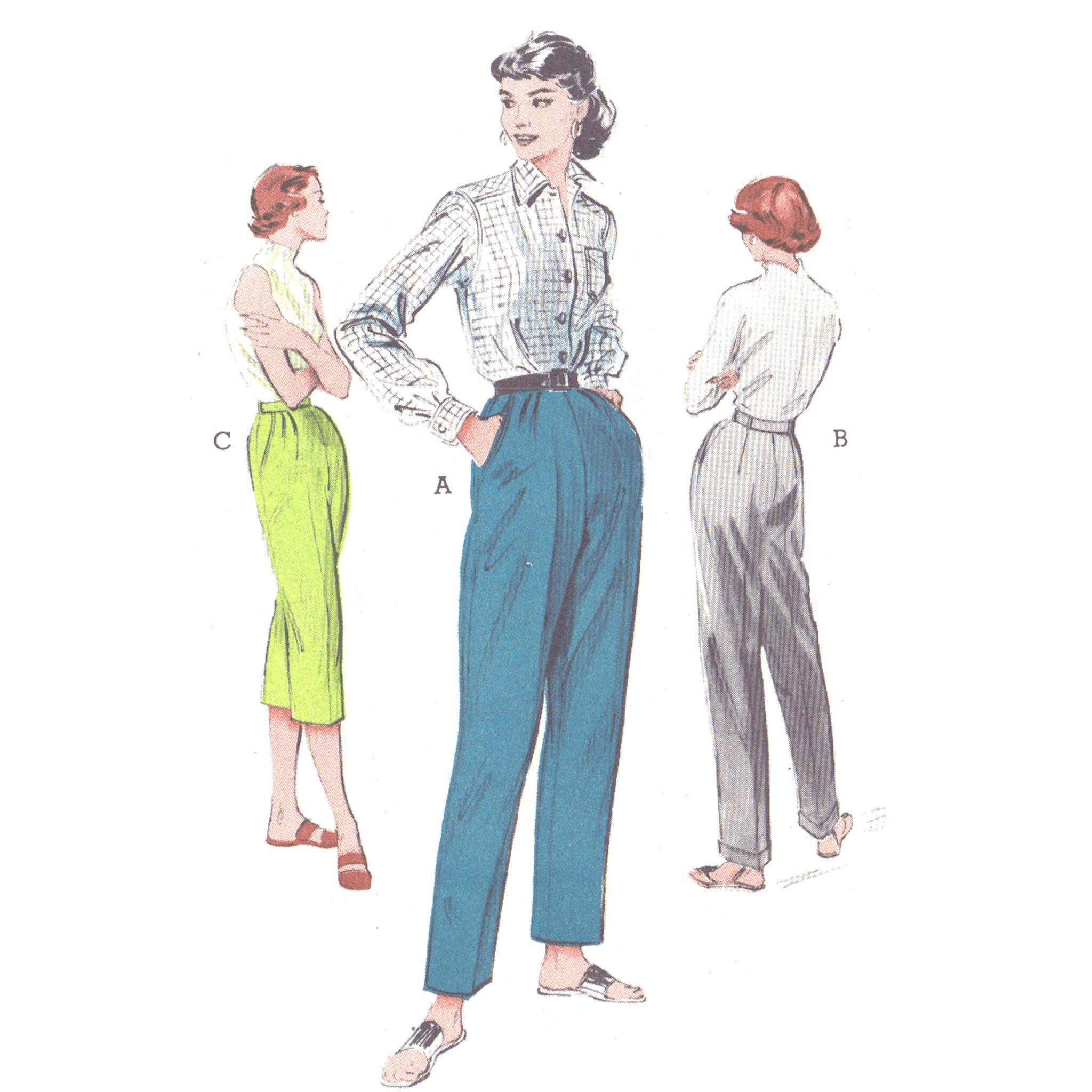 PDF 1950's Pattern, Pedal Pusher Trousers, Cigarette Pants Waist
