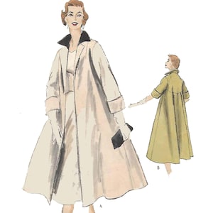 Può includere: Un'illustrazione vintage di una donna che indossa un lungo cappotto di colore chiaro con un colletto nero. Il cappotto ha una gonna svasata e maniche lunghe. La donna indossa guanti bianchi e tiene una borsa nera. L'illustrazione è in stile vintage ed è perfetta per un blog o un sito web di moda.