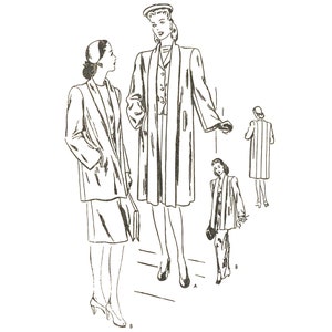 Peut inclure: Une illustration vintage de trois femmes portant différents styles de manteaux. Les femmes portent des chapeaux et des sacs à main. L'illustration est en noir et blanc.
