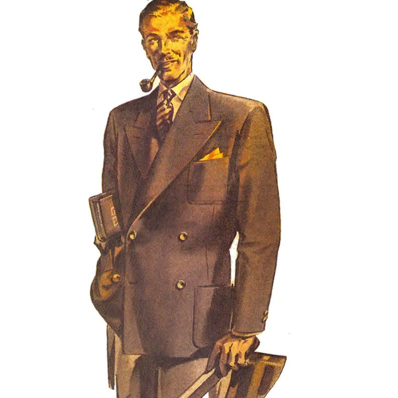 Sewing pattern illustration of man wearing a 1940s jacket