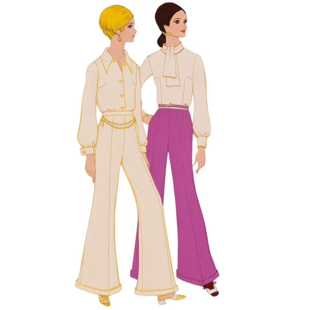 Patrón de costura vintage de los años 70, pantalones acampanados