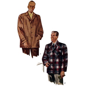May include: Two men wearing jackets. The man on the left is wearing a brown jacket. The man on the right is wearing a plaid jacket with red, white, and blue colors.