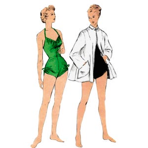 Cartamodello vintage anni '40: costume da bagno e cappotto da spiaggia da donna, modello Bombshell - Busto 86 cm (34”)