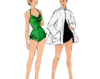 Traje de baño bombacha con patrón de costura vintage de los años 40 y abrigo de playa poco común - Busto: 34 "/ 86 cm