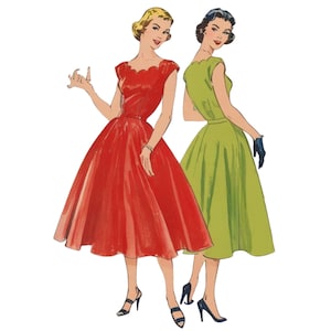 PDF - Vintage 1950&#39;s Sewing Pattern: Scalloped Neck Circular Skirted Dress - Bust 36” (91cm) - Download