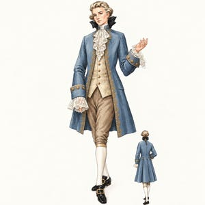 Peut inclure: Une redingote bleue avec broderies dorées, un gilet crème et une culotte beige. La tenue comprend une cravate en dentelle blanche, des poignets en dentelle, des bas blancs et des chaussures à boucles noires. Une vue arrière montre le dos plissé.
