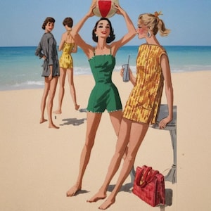 PDF - 1950s Bathing Suit & Beach Robe Sewing Pattern: Bust 36"(91cm) - Download