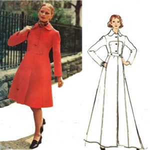 Peut inclure: Un patron de couture vintage pour un long manteau à double boutonnage et une ceinture. Le patron comprend une vue de face d'une femme portant un manteau rouge et un dessin au trait du manteau.