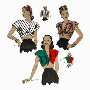 PDF - Vintage Sewing Pattern – Easy to Make Midriff Tie Tops - Bust: 36” (91.4cm) - Download