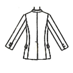 A black and white line drawing of a long-sleeved collared jacket. The jacket has a high neck, long sleeves with button cuffs, and a center front closure. The drawing is simple and shows the basic shape and features of the jacket.