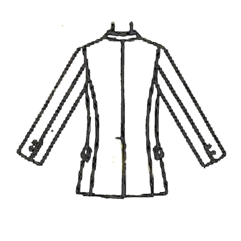 A black and white line drawing of a long-sleeved collared jacket. The jacket has a high neck, long sleeves with button cuffs, and a center front closure. The drawing is simple and shows the basic shape and features of the jacket.