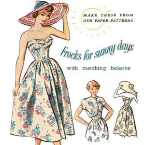 Può includere: Illustrazione vintage di un modello di cucito con tre donne che indossano abiti estivi e cappelli. Il testo recita "Realizza questi dai nostri modelli di carta. Abiti per giornate di sole con boleri abbinati."