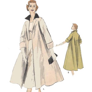 Pode incluir: Uma ilustração vintage de uma mulher vestindo um casaco longo de cor clara com gola preta. O casaco tem uma saia rodada e mangas compridas. A mulher está usando luvas brancas e segurando uma bolsa preta. A ilustração é em estilo vintage e é perfeita para um blog ou site de moda.