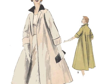 Könnte beinhalten: Eine Vintage-Illustration einer Frau, die einen langen, hellen Mantel mit schwarzem Kragen trägt. Der Mantel hat einen ausgestellten Rock und lange Ärmel. Die Frau trägt weiße Handschuhe und hält eine schwarze Handtasche. Die Illustration ist im Vintage-Stil gehalten und eignet sich perfekt für einen Modeblog oder eine Website.
