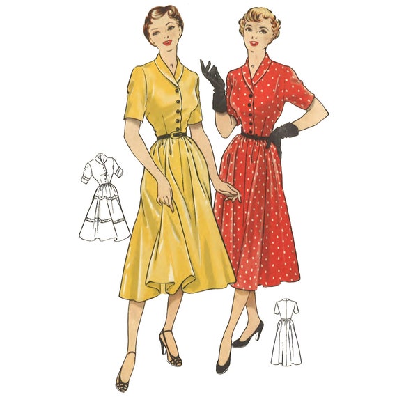 1940s Wartime Shirt Dress with Pockets PDF Sewing Pattern Bust 34