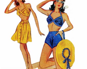 Patrón de costura vintage de los años 40, bikini y falda - Busto: 36" (91,5 cm)