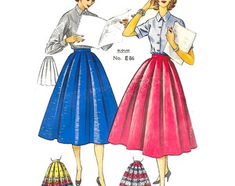 Puede incluir: Ilustración vintage de patrón de costura con dos mujeres que llevan faldas circulares completas. La falda de la izquierda es azul y la falda de la derecha es rosa. El número del patrón es E86. El texto "BLOUSE" está por encima del número del patrón.