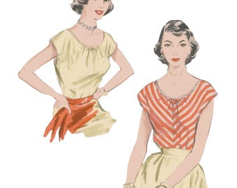 PDF - 1950s Scoop Neck Blouse Sewing Pattern: Bust 34"(86cm) - Download