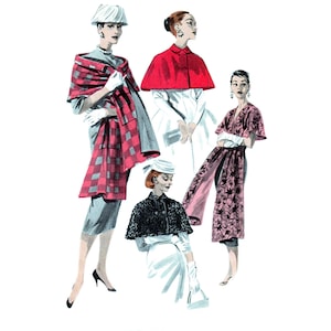 May include: Illustration of four women in vintage fashion. One wears a red and gray plaid shawl, another a red cape, a third a floral print dress, and the fourth a black cape. All are wearing hats and gloves.