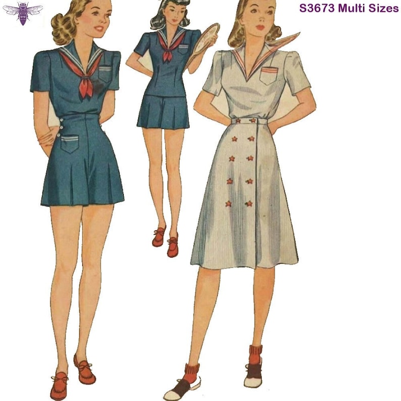 1940s Sewing Patterns – Dresses, Overalls, Lingerie etc PDF - Vintage 1940s Sewing Pattern: Sailor Playsuit with High Waist Shorts - Waist 27.5