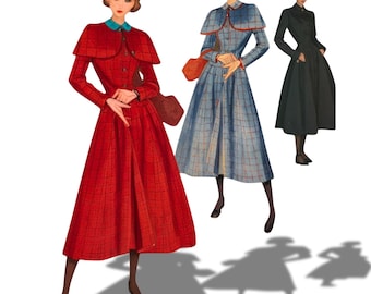 PDF - 1940's Sewing Pattern - Clara Cape Coat with Detachable Cape, Bust 30"- 43.5"(76cm-110.5cm) - Download