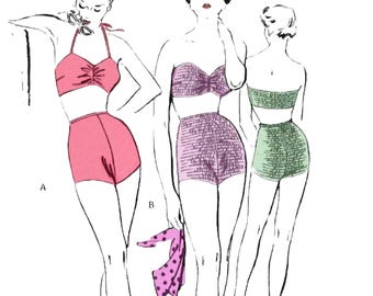 PDF - 1950s Halter Bathing Suit Sewing Pattern: Bust 36"(91cm) - Download
