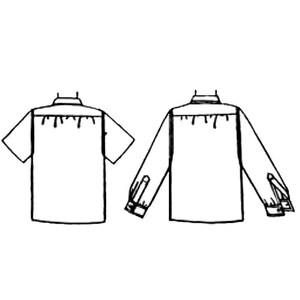 May include: A line drawing of two shirts, one with short sleeves and one with long sleeves. Both shirts have a button-down collar and a pocket on the left chest.