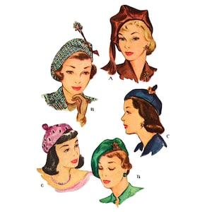 Patrón de costura vintage de los años 40: elegantes boinas, sombreros, sombrerería para mujer, tamaño de la cabeza de 58,4 cm (23 pulgadas)