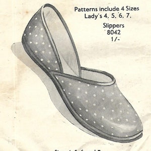 May include: A black and white illustration of a slipper with white polka dots. The pattern number is 8042 and the price is 1/-. The text reads "Lady's Slippers" and "Patterns include 4 Sizes Lady's 4, 5, 6, 7, Slippers 8042 1/- Sizes 4, 5, 6, and 7. Pattern includes Sr's & full instructions for making."