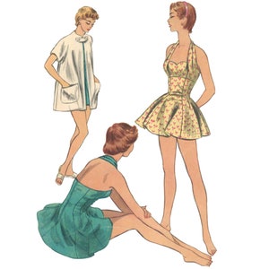 PDF - Vintage 50's Sewing Pattern: Halter Neck Bathing Suit & Beach Coat - Bust 34" (86.4cm) - Instantly Print at Home