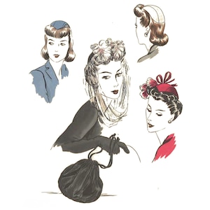 PDF - Modello di cucito per cappello e borsa da sera Vogue anni '40: borsa con coulisse, testa 22" (56 cm) - Scarica