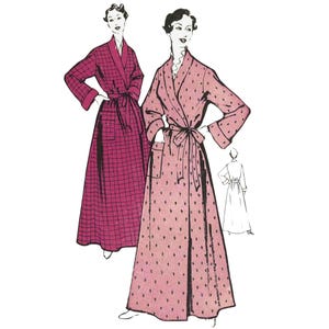 PDF - 1950s Glamorous Robe Sewing Pattern: Wrap-over, Belted Dressing Gown, Bust 42"(107cm) - Download